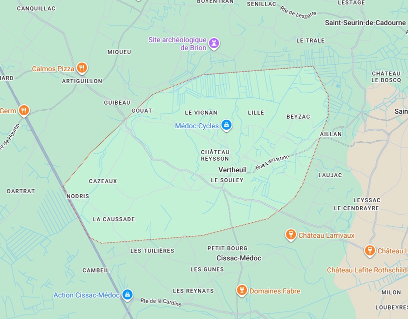 Vertheuil Cissac-Médoc : Carte géographique détaillée. Carte géographique du Médoc autour de Vertheuil et Cissac-Médoc. Délimitation des hameaux : Cazeaux, Lille, Beyzac. Châteaux Reysson et Lafite Rothschild.